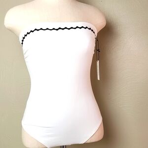 Marysia One Piece Strapless White Swim Bathing Suit - Black Ric Rac Small